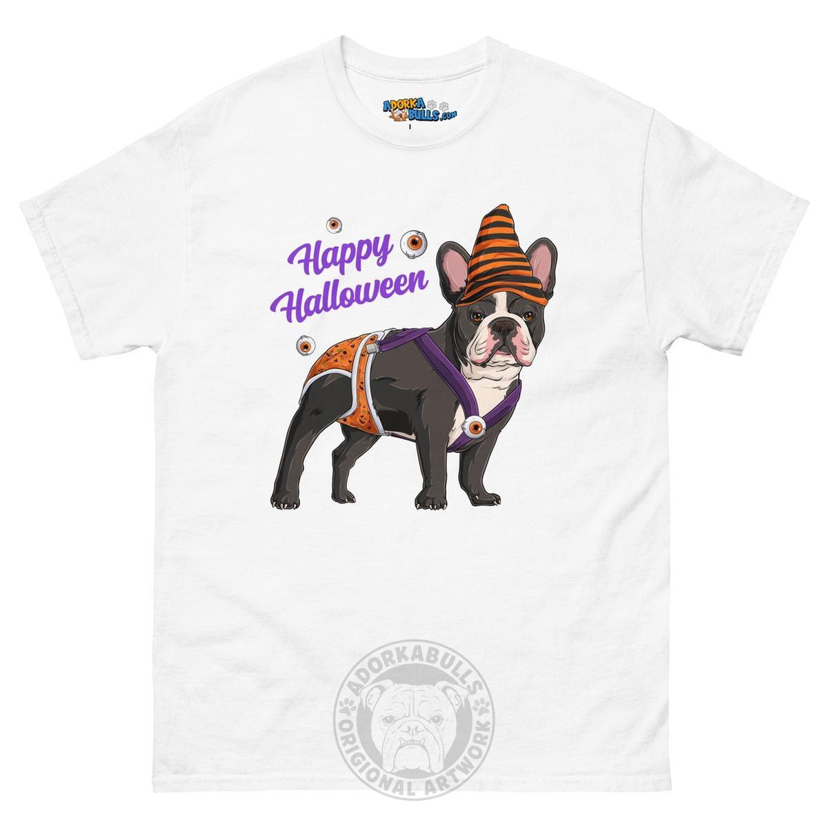 Happy Halloween Pumpkin tee with spina bifida, Frenchie Black &amp; White Male, White