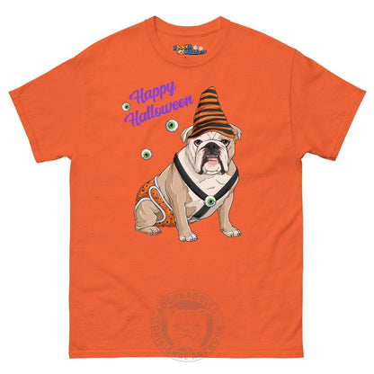 Happy Halloween Pumpkin tee with spina bifida, English Bulldog Fawn &amp; White Male, Orange