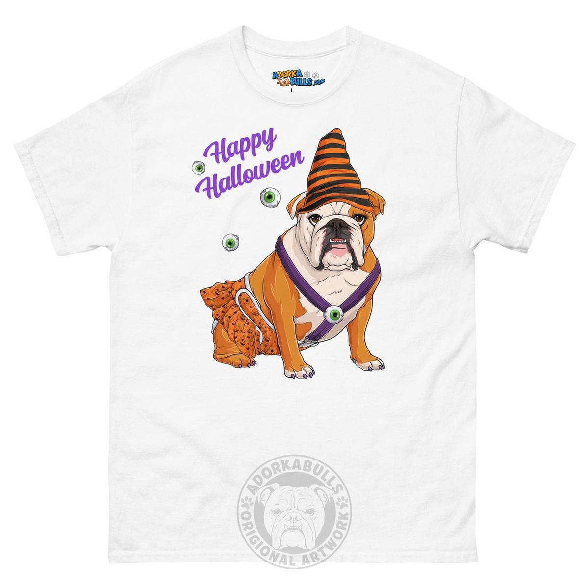Happy Halloween Pumpkin tee with spina bifida, English Bulldog Red &amp; White Female, White