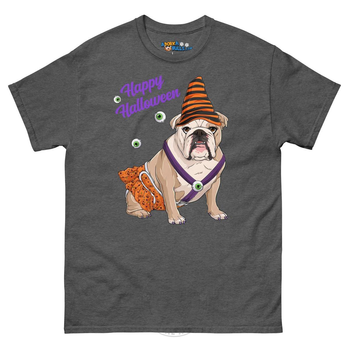 Happy Halloween Pumpkin tee with spina bifida, English Bulldog Fawn &amp; White Female, Dark Heather