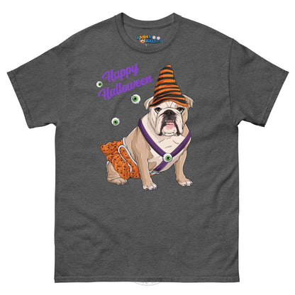 Happy Halloween Pumpkin tee with spina bifida, English Bulldog Fawn &amp; White Female, Dark Heather