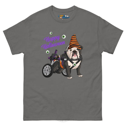 Happy Halloween Pumpkin Wheelchair Tee – English Bulldog · Black &amp; White · Male – Charcoal