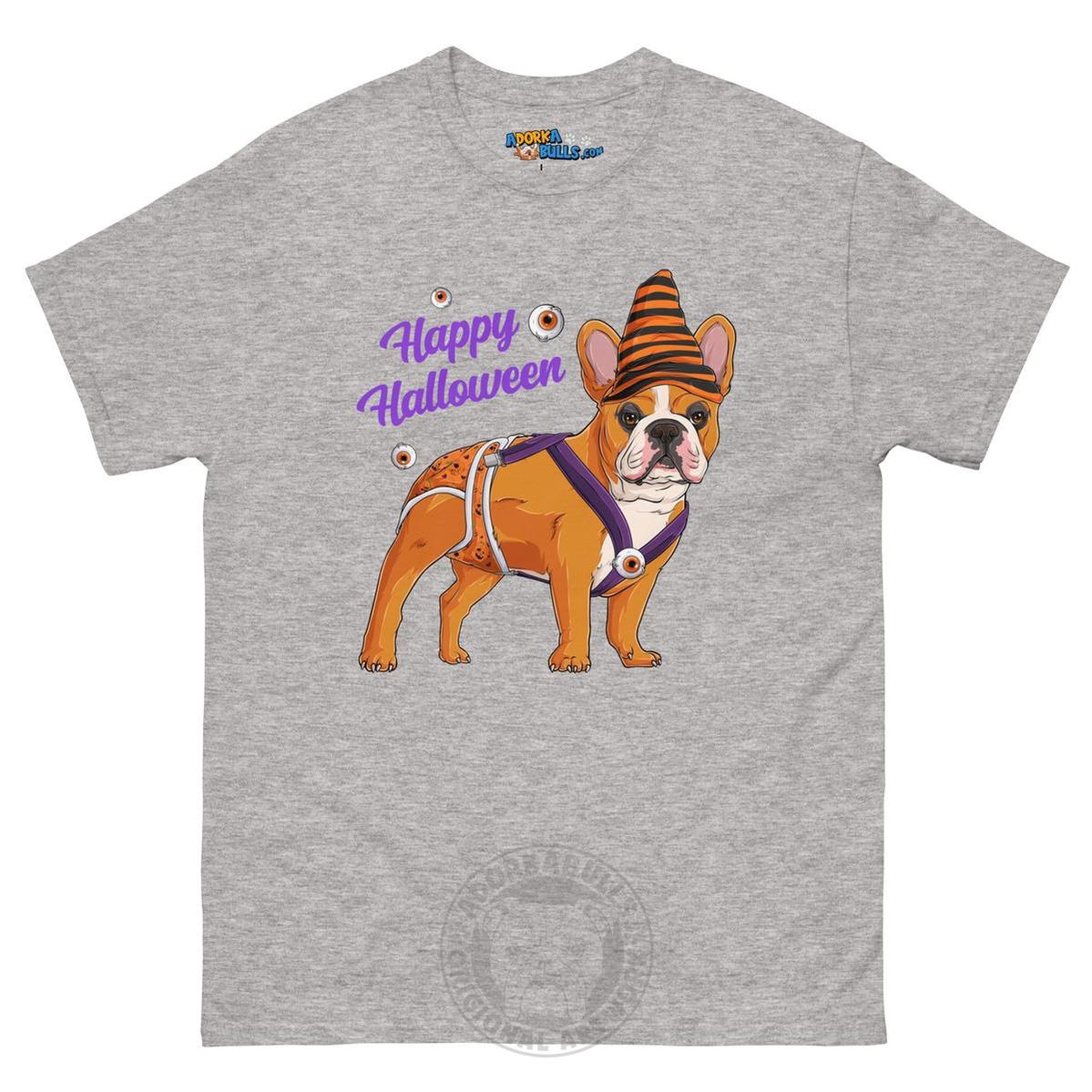 Happy Halloween Pumpkin tee with spina bifida, Frenchie Red &amp; White Male, Sport Grey