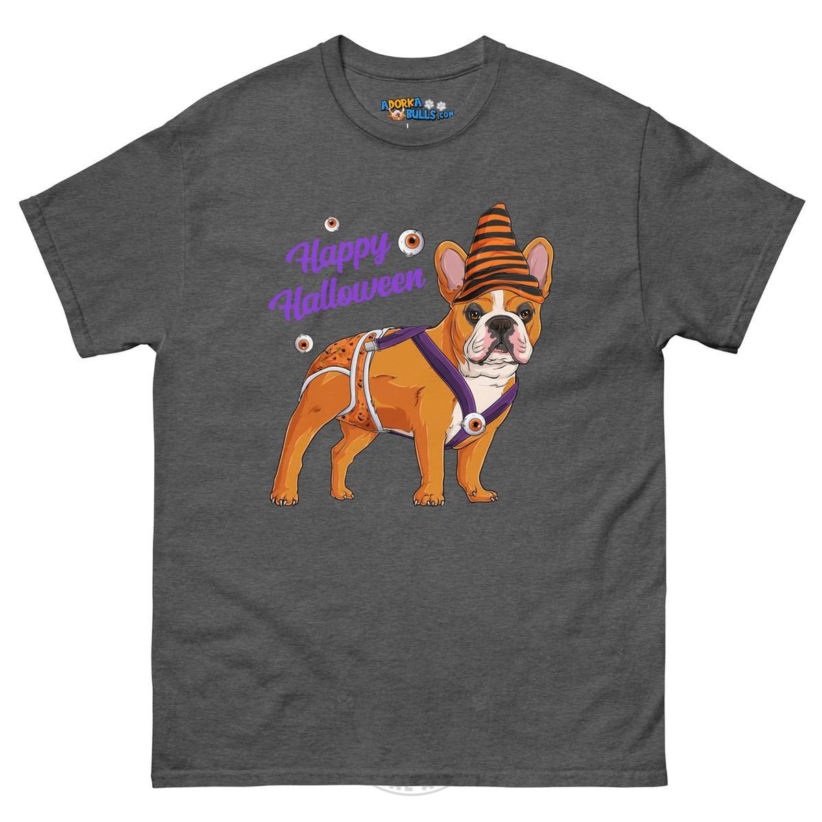 Happy Halloween Pumpkin tee with spina bifida, Frenchie Red &amp; White Male, Dark Heather