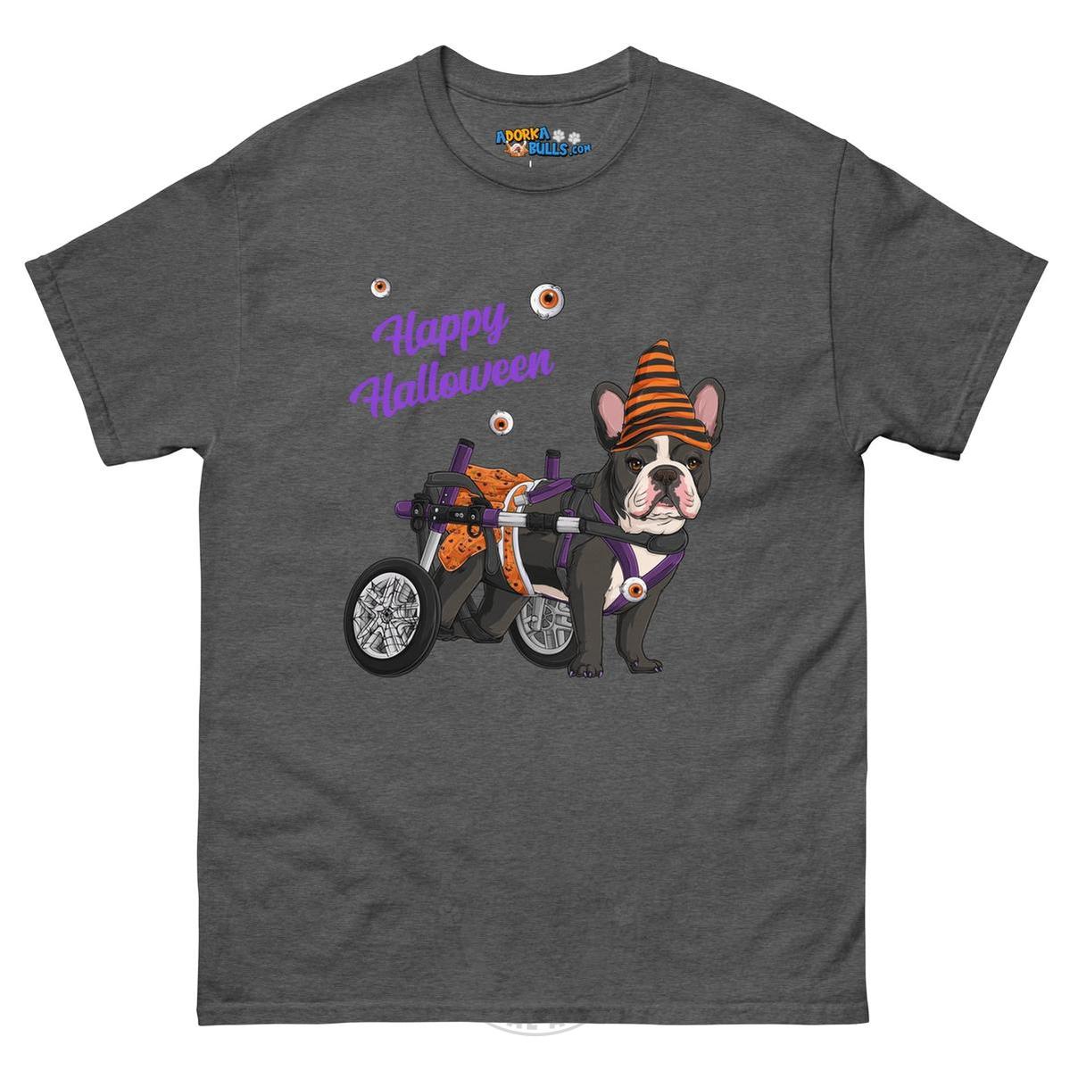 Happy Halloween Pumpkin Wheelchair Tee – Frenchie · Black &amp; White · Female – Dark Heather