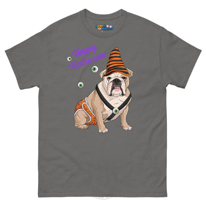 Happy Halloween Pumpkin tee with spina bifida, English Bulldog Fawn &amp; White Male, Charcoal