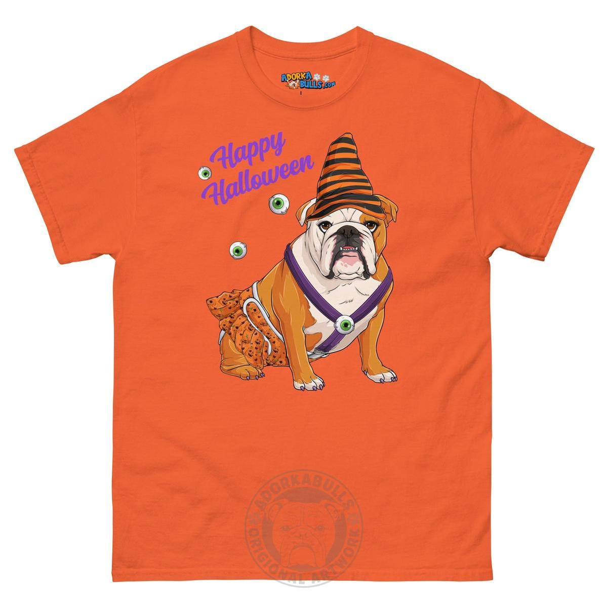 Happy Halloween Pumpkin tee with spina bifida, English Bulldog Red &amp; White Female, Orange