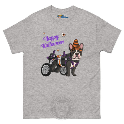Happy Halloween Pumpkin Wheelchair Tee – Frenchie · Black &amp; White · Male – Sport Grey