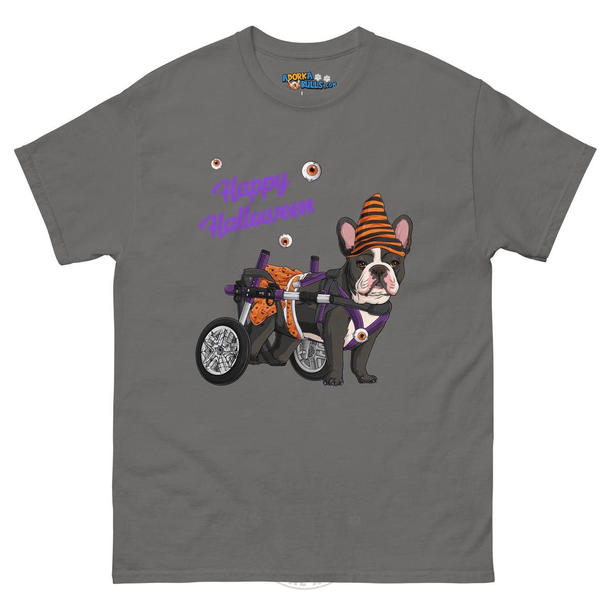 Happy Halloween Pumpkin Wheelchair Tee – Frenchie · Black &amp; White · Female – Charcoal