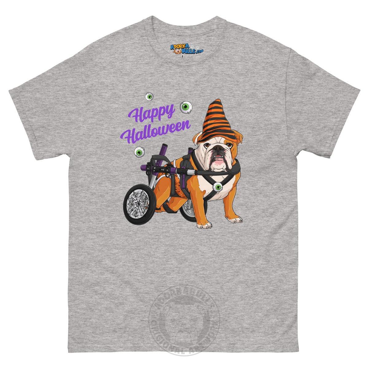 Happy Halloween Pumpkin Wheelchair Tee – English Bulldog · Red &amp; White · Male – Sport Grey