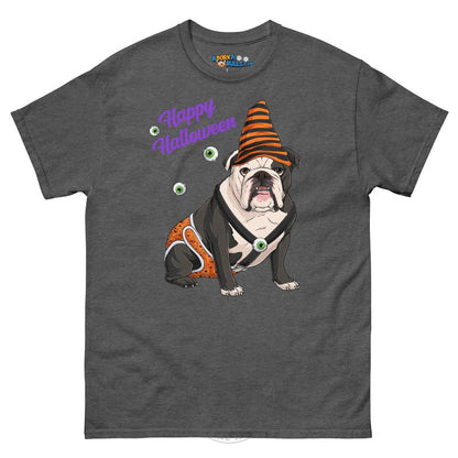 Happy Halloween Pumpkin tee with spina bifida, English Bulldog Black &amp; White Male, Dark Heather