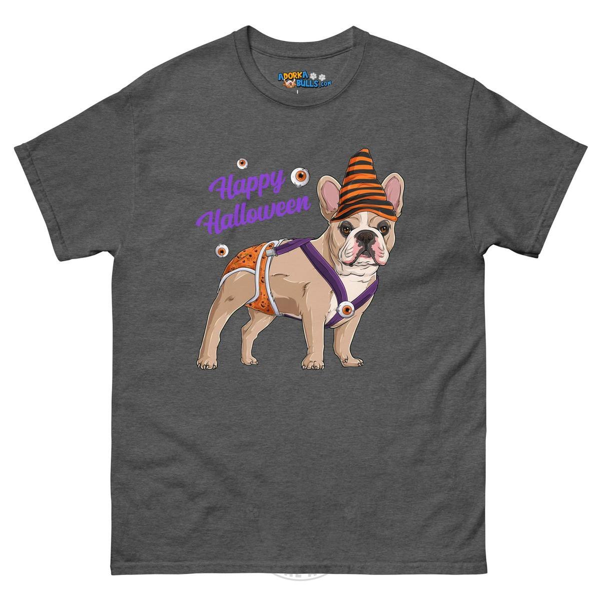 Happy Halloween Pumpkin tee with spina bifida, Frenchie Fawn &amp; White Male, Dark Heather