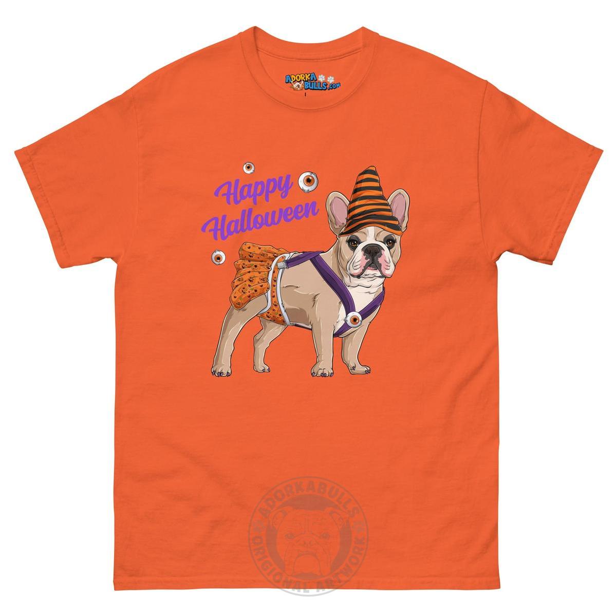 Happy Halloween Pumpkin tee with spina bifida, Frenchie Fawn &amp; White Female, Orange