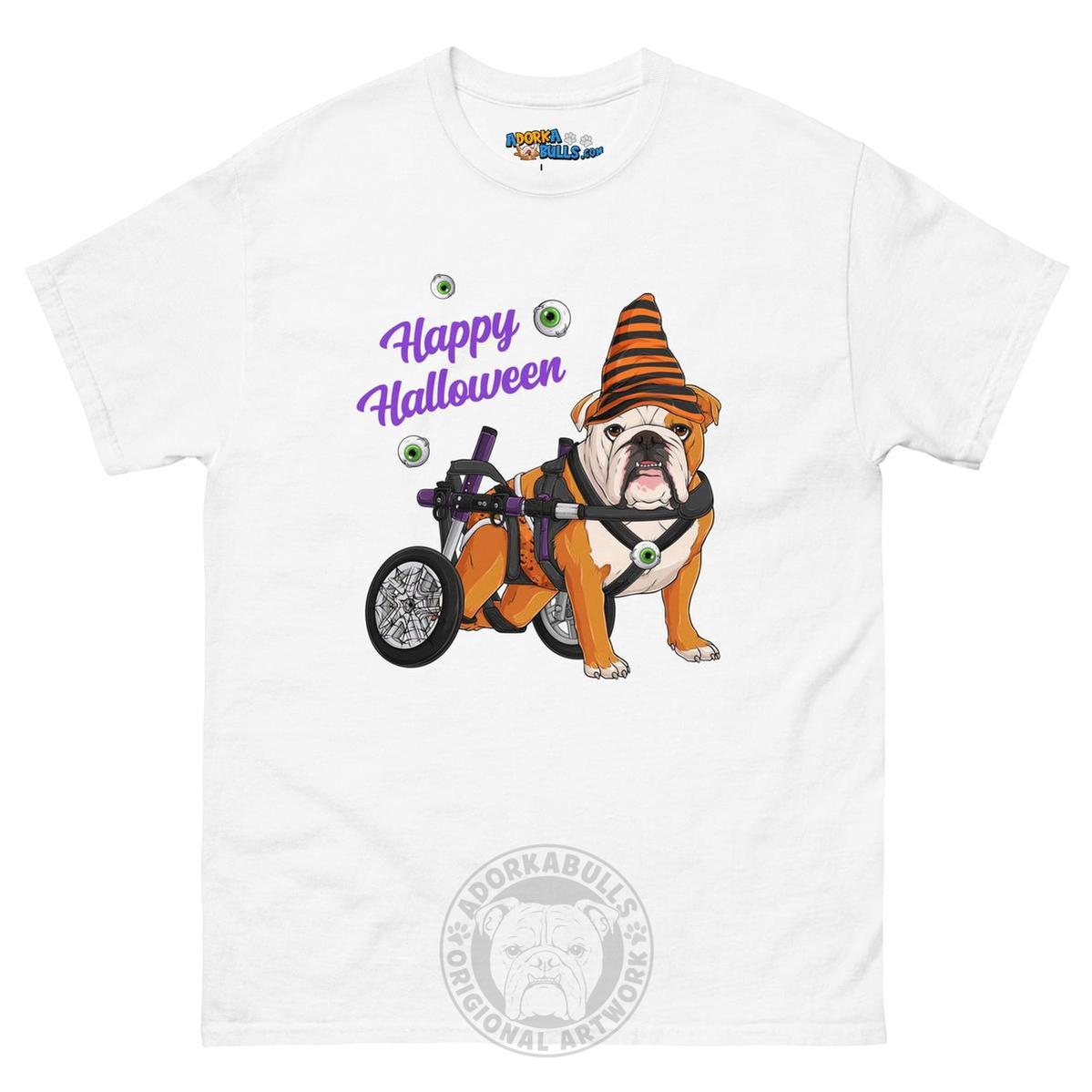 Happy Halloween Pumpkin Wheelchair Tee – English Bulldog · Red &amp; White · Male – White