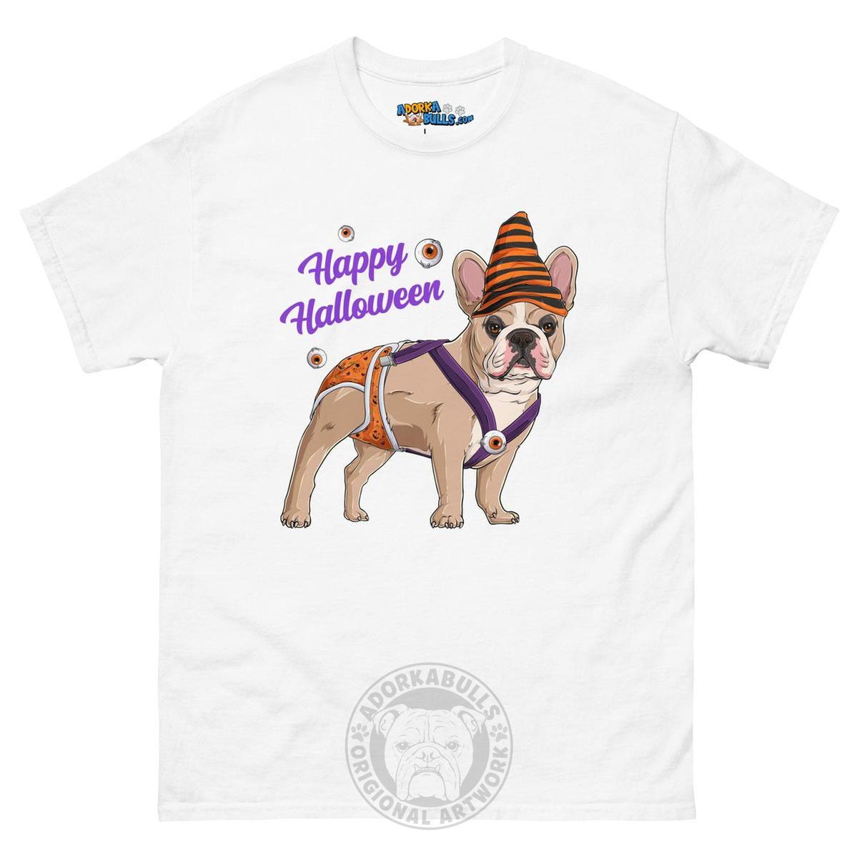 Happy Halloween Pumpkin tee with spina bifida, Frenchie Fawn &amp; White Male, White