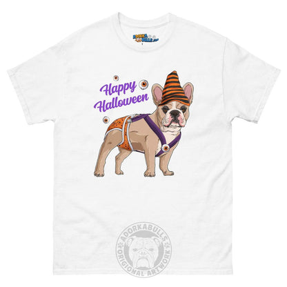 Happy Halloween Pumpkin tee with spina bifida, Frenchie Fawn &amp; White Male, White