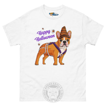 Happy Halloween Pumpkin tee with spina bifida, Frenchie Red &amp; White Male, White