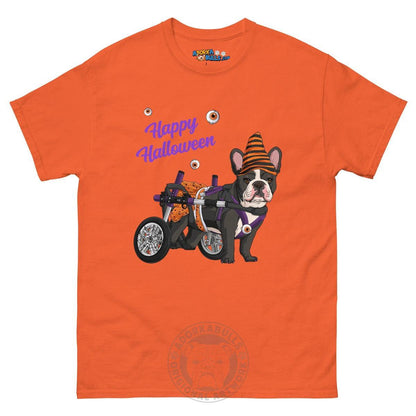 Happy Halloween Pumpkin Wheelchair Tee – Frenchie · Black &amp; White · Female – Orange