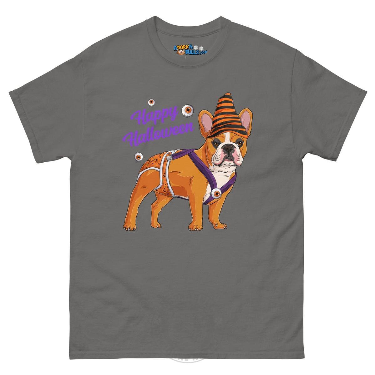 Happy Halloween Pumpkin tee with spina bifida, Frenchie Red &amp; White Male, Charcoal