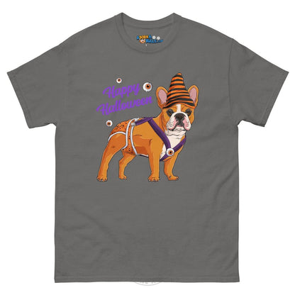 Happy Halloween Pumpkin tee with spina bifida, Frenchie Red &amp; White Male, Charcoal