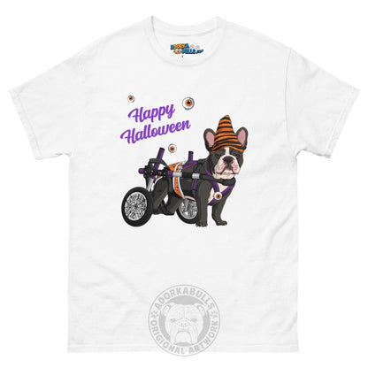 Happy Halloween Pumpkin Wheelchair Tee – Frenchie · Black &amp; White · Male – White