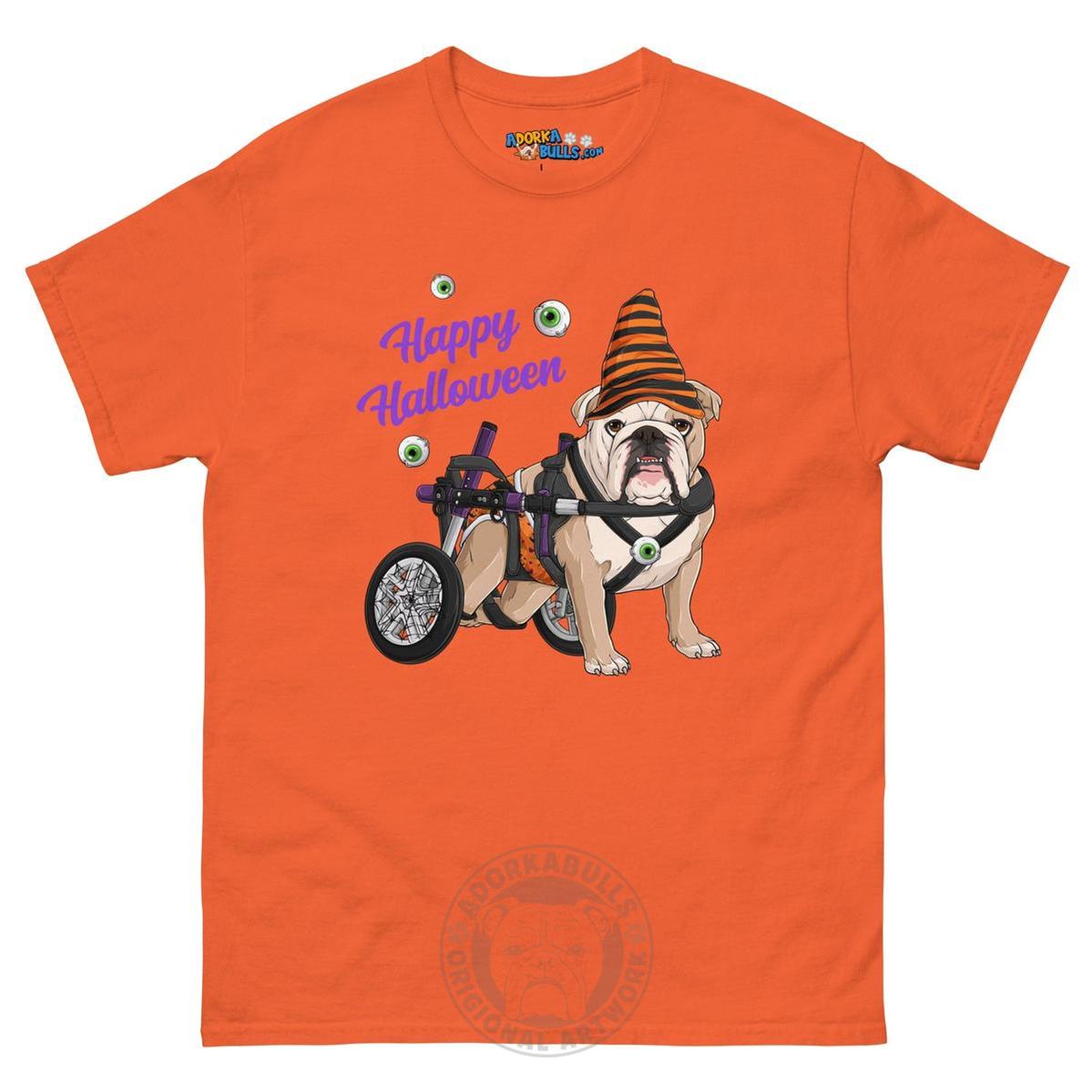 Happy Halloween Pumpkin Wheelchair Tee – English Bulldog · Fawn &amp; White · Male – Orange