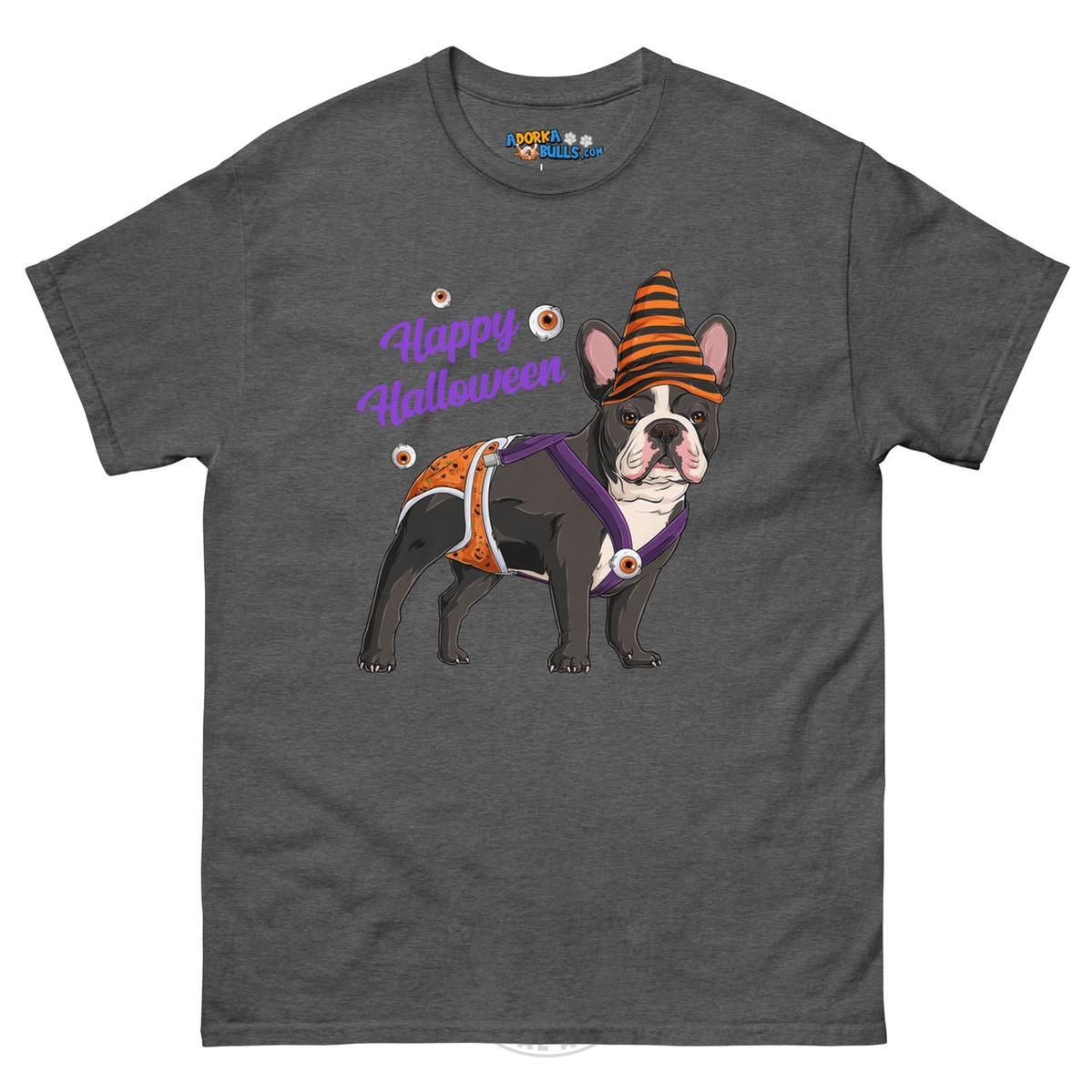 Happy Halloween Pumpkin tee with spina bifida, Frenchie Black &amp; White Male, Dark Heather
