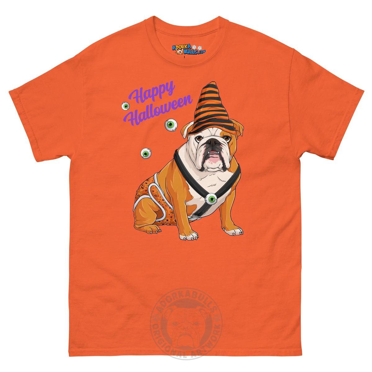 Happy Halloween Pumpkin tee with spina bifida, English Bulldog Red &amp; White Male, Orange