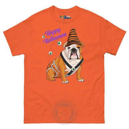 Happy Halloween Pumpkin tee with spina bifida, English Bulldog Red &amp; White Male, Orange