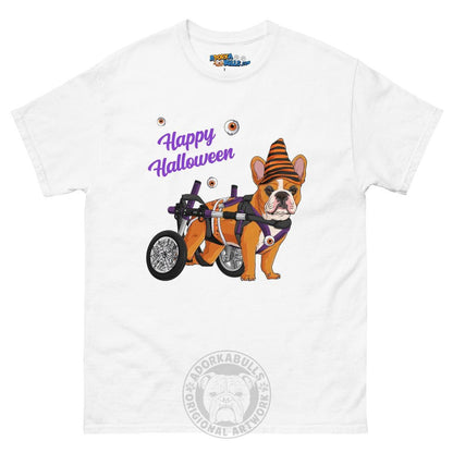 Happy Halloween Pumpkin Wheelchair Tee – Frenchie · Red &amp; White · Male – White