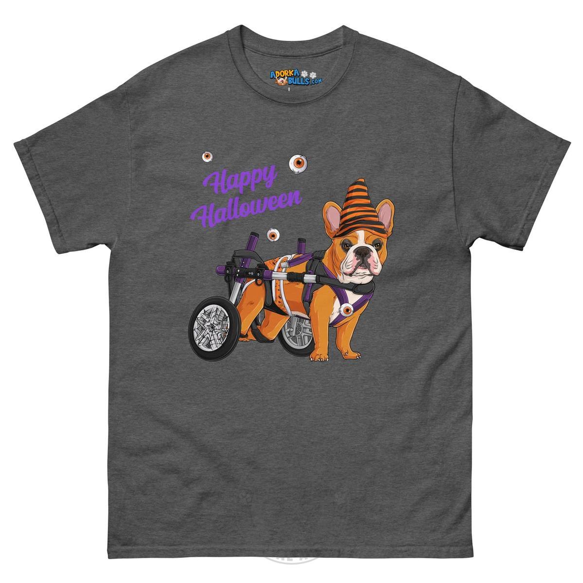Happy Halloween Pumpkin Wheelchair Tee – Frenchie · Red &amp; White · Male – Dark Heather