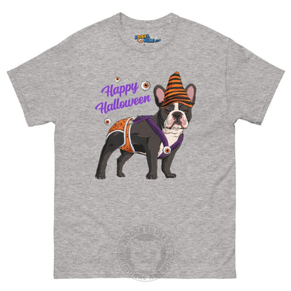 Happy Halloween Pumpkin tee with spina bifida, Frenchie Black &amp; White Male, Sport Grey