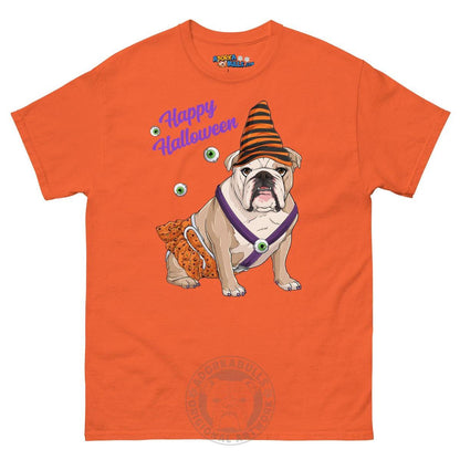 Happy Halloween Pumpkin tee with spina bifida, English Bulldog Fawn &amp; White Female, Orange