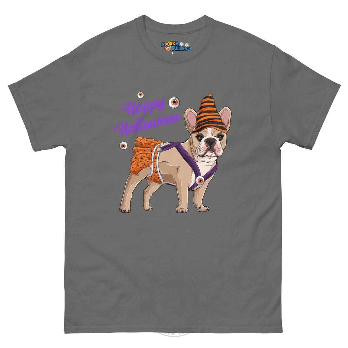 Happy Halloween Pumpkin tee with spina bifida, Frenchie Fawn &amp; White Female, Charcoal