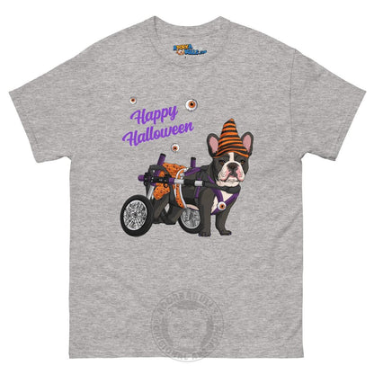 Happy Halloween Pumpkin Wheelchair Tee – Frenchie · Black &amp; White · Female – Sport Grey