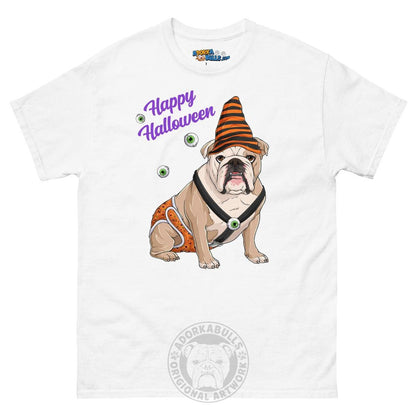 Happy Halloween Pumpkin tee with spina bifida, English Bulldog Fawn &amp; White Male, White