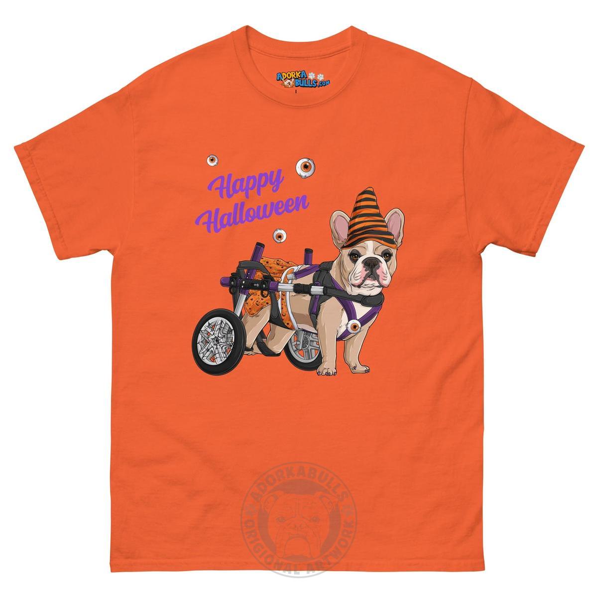 Happy Halloween Pumpkin Wheelchair Tee – Frenchie · Fawn &amp; White · Female – Orange