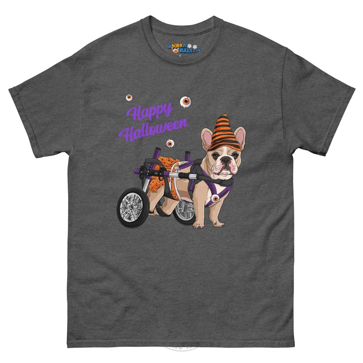 Happy Halloween Pumpkin Wheelchair Tee – Frenchie · Fawn &amp; White · Female – Dark Heather