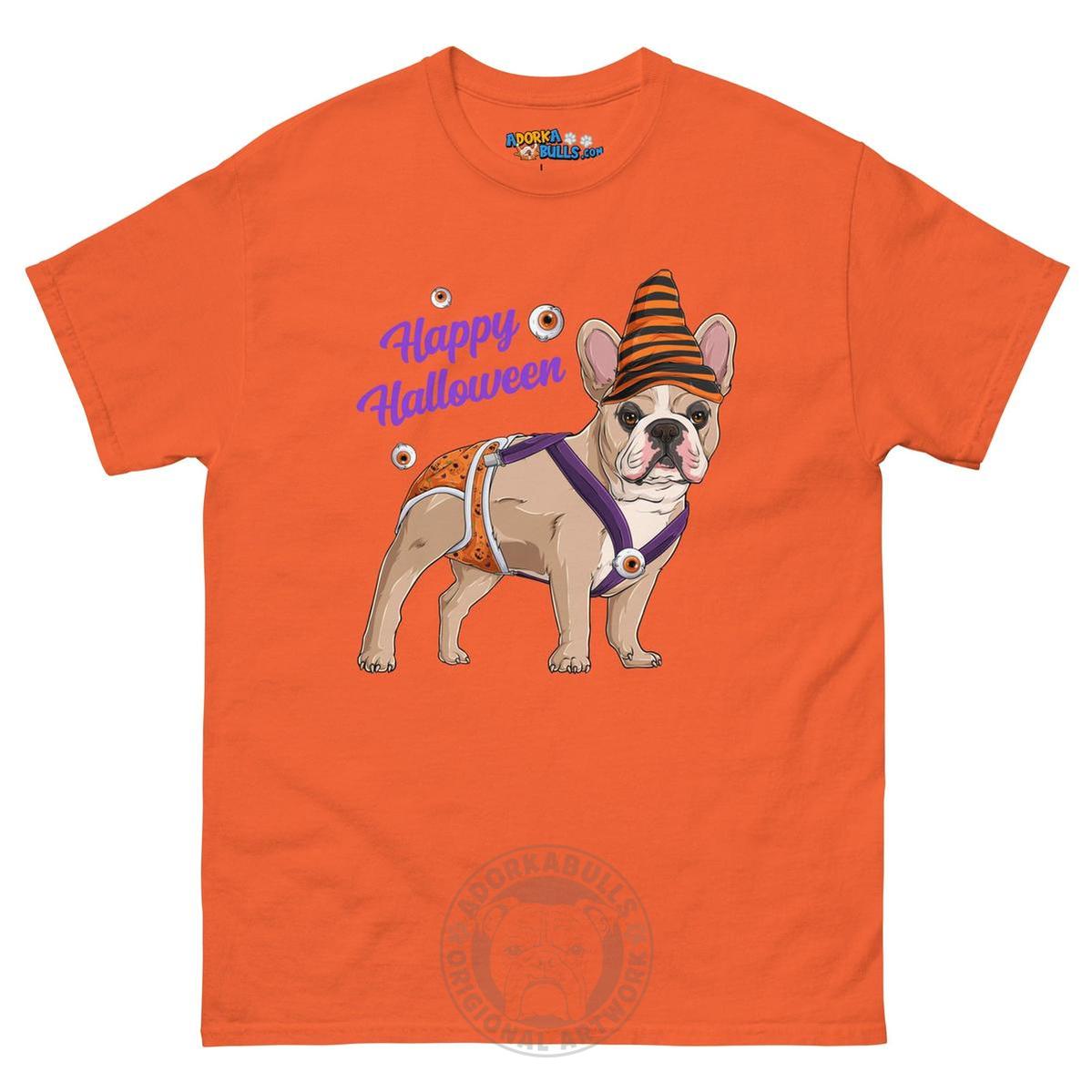 Happy Halloween Pumpkin tee with spina bifida, Frenchie Fawn &amp; White Male, Orange