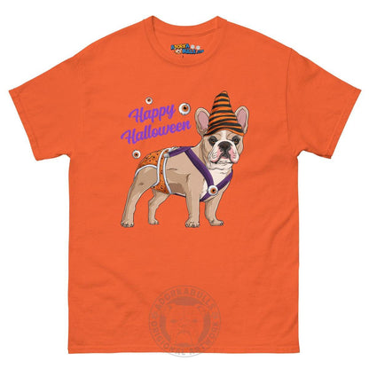 Happy Halloween Pumpkin tee with spina bifida, Frenchie Fawn &amp; White Male, Orange