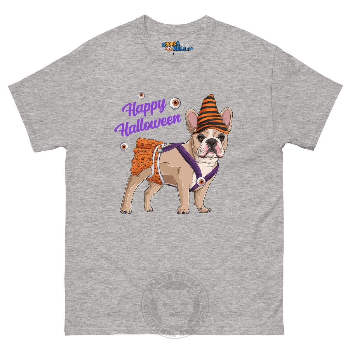 Happy Halloween Pumpkin tee with spina bifida, Frenchie Fawn &amp; White Female, Sport Grey