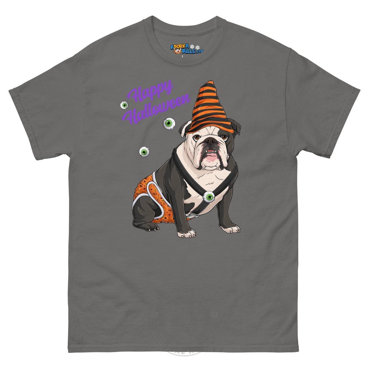 Happy Halloween Pumpkin tee with spina bifida, English Bulldog Black &amp; White Male, Charcoal