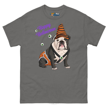 Happy Halloween Pumpkin tee with spina bifida, English Bulldog Black &amp; White Male, Charcoal