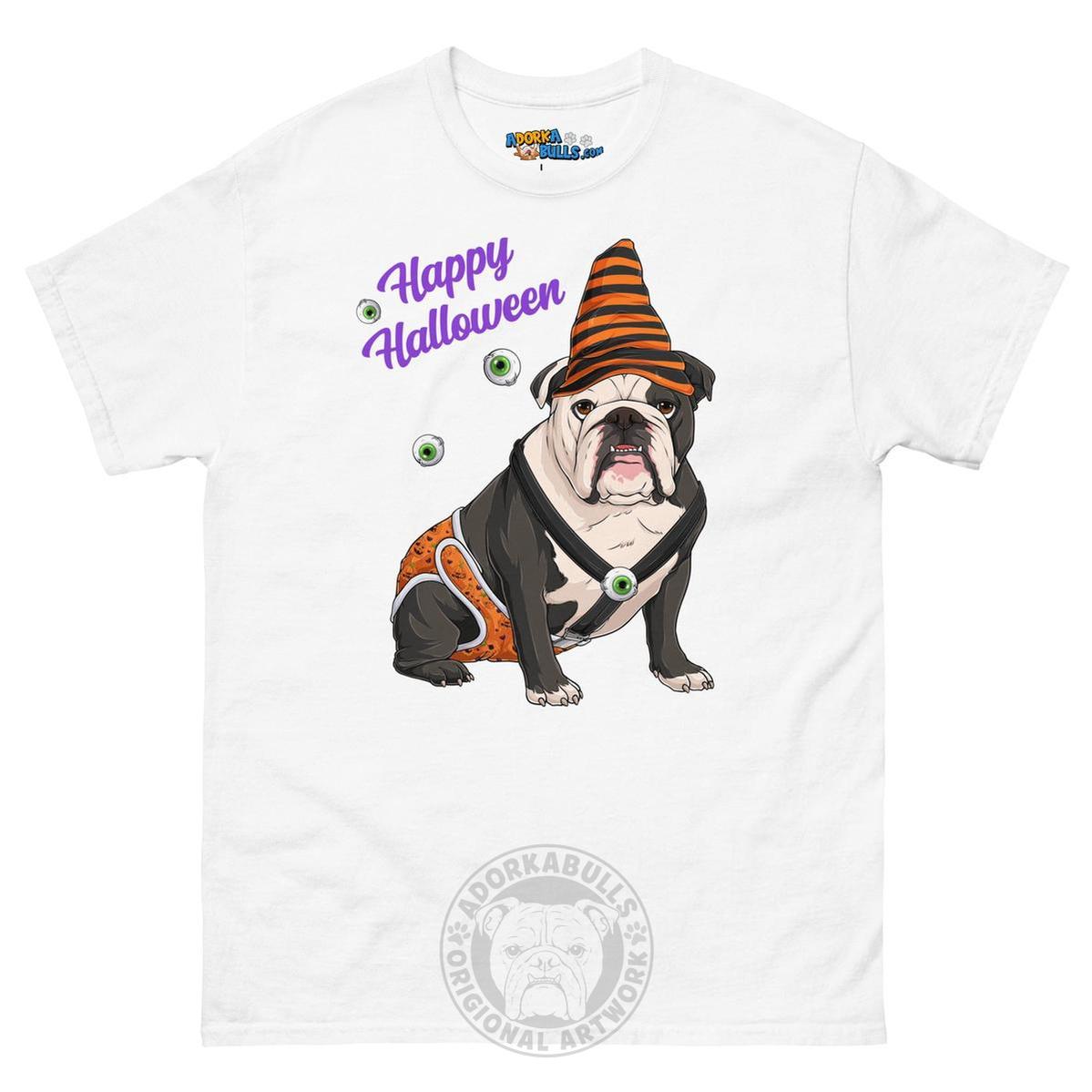 Happy Halloween Pumpkin tee with spina bifida, English Bulldog Black &amp; White Male, White