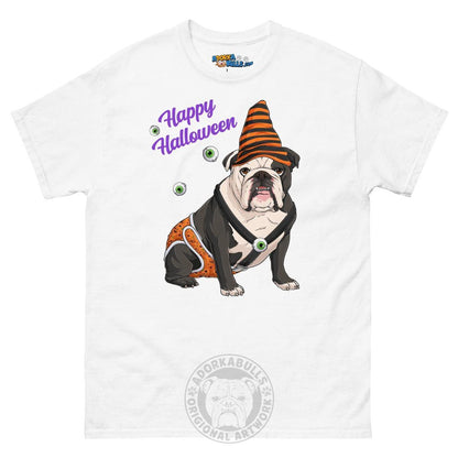 Happy Halloween Pumpkin tee with spina bifida, English Bulldog Black &amp; White Male, White