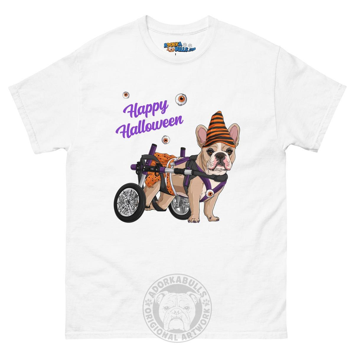 Happy Halloween Pumpkin Wheelchair Tee – Frenchie · Fawn &amp; White · Female – White