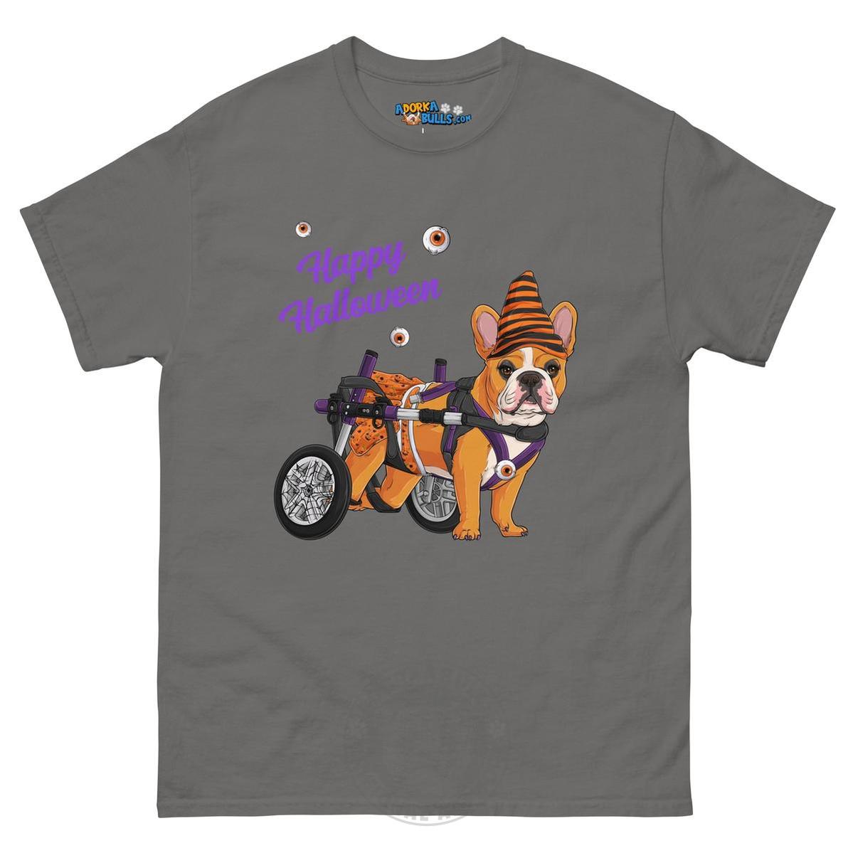 Happy Halloween Pumpkin Wheelchair Tee – Frenchie · Red &amp; White · Female – Charcoal