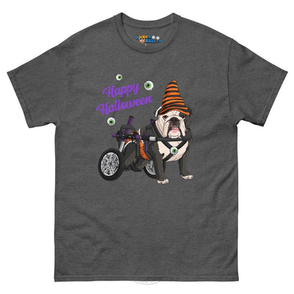 Happy Halloween Pumpkin Wheelchair Tee – English Bulldog · Black &amp; White · Male – Dark Heather
