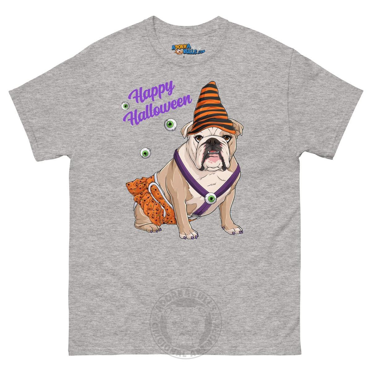 Happy Halloween Pumpkin tee with spina bifida, English Bulldog Fawn &amp; White Female, Sport Grey
