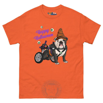 Happy Halloween Pumpkin Wheelchair Tee – English Bulldog · Black &amp; White · Male – Orange